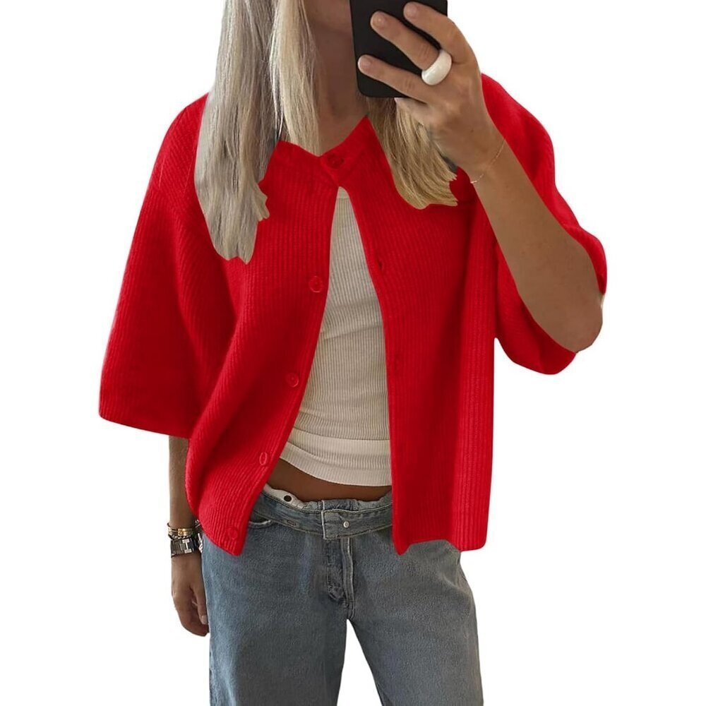 Womens Short Sleeve Cardigan Lightweight Knitted Crew Neck Button Top